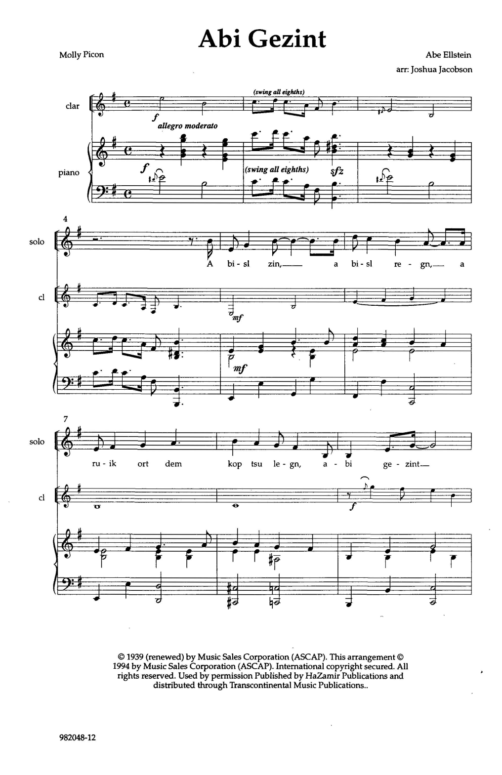 Abe Ellstein Abi Gezint (arr. Joshua Jacobson) Sheet Music Notes & Chords for SATB Choir - Download or Print PDF