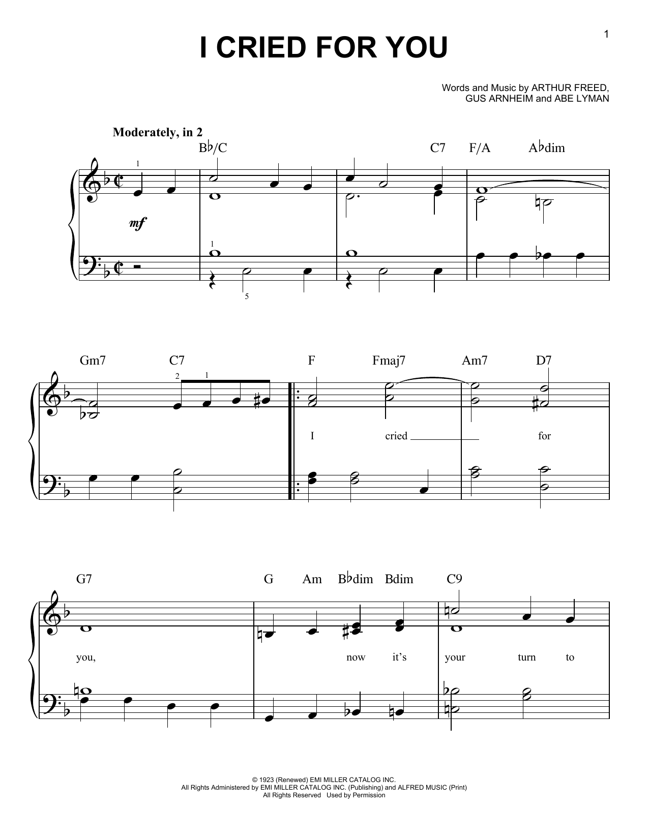 Abe Lyman I Cried For You Sheet Music Notes & Chords for Lead Sheet / Fake Book - Download or Print PDF