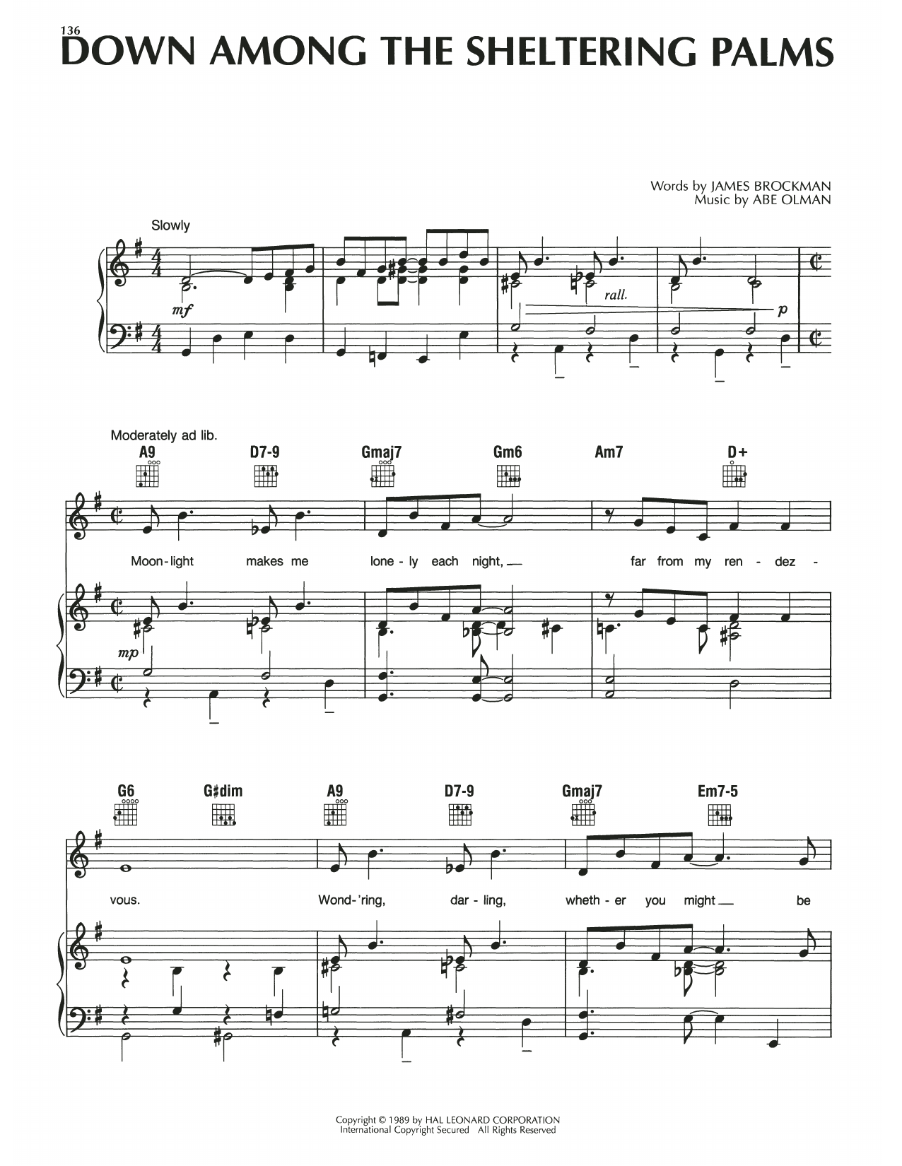 Abe Olman Down Among The Sheltering Palms Sheet Music Notes & Chords for Piano, Vocal & Guitar Chords (Right-Hand Melody) - Download or Print PDF