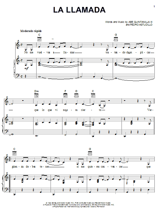 Abe Quintanilla III La Llamada Sheet Music Notes & Chords for Piano, Vocal & Guitar (Right-Hand Melody) - Download or Print PDF