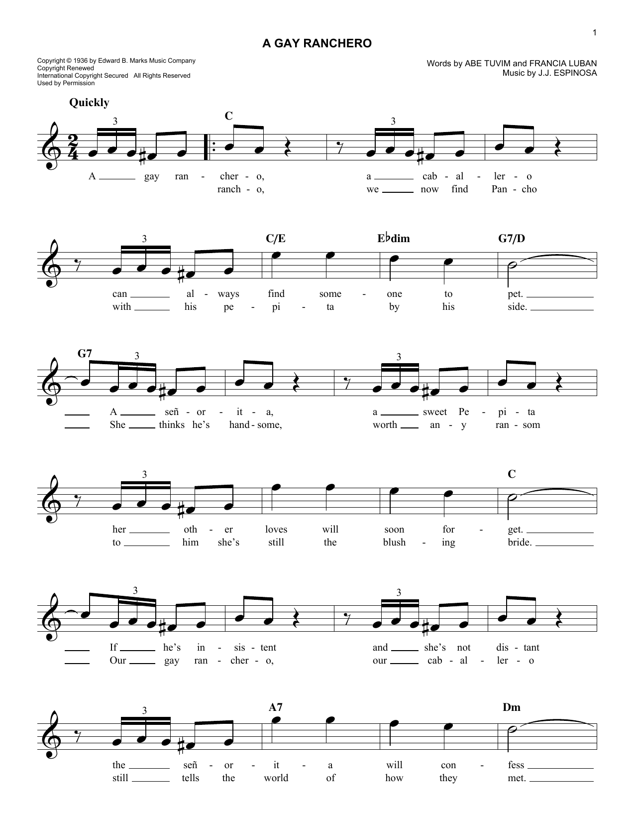 Abe Tuvim A Gay Ranchero Sheet Music Notes & Chords for Piano, Vocal & Guitar Chords (Right-Hand Melody) - Download or Print PDF