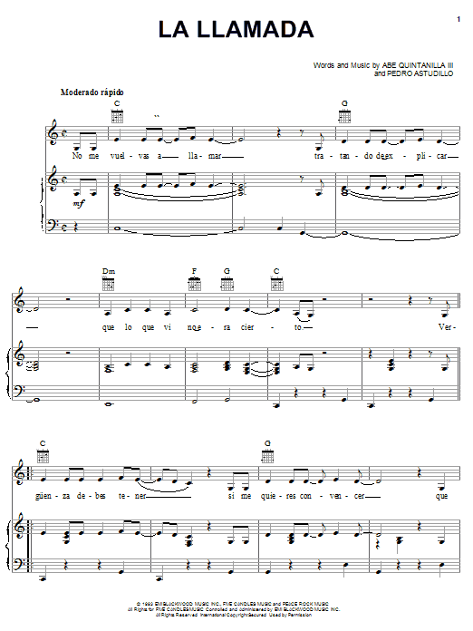 Preview Abe Quintanilla III La Llamada World sheet music, notes and chords for Piano, Vocal & Guitar (Right-Hand Melody), SKU: 23996 sheet music, piano notes, chords, guitar tabs, score, transpose, transcribe, how to play, guide, download, learn, tutorial, progression, song, artist, awards, billboard, mtv, vh1, tour, single, album, release