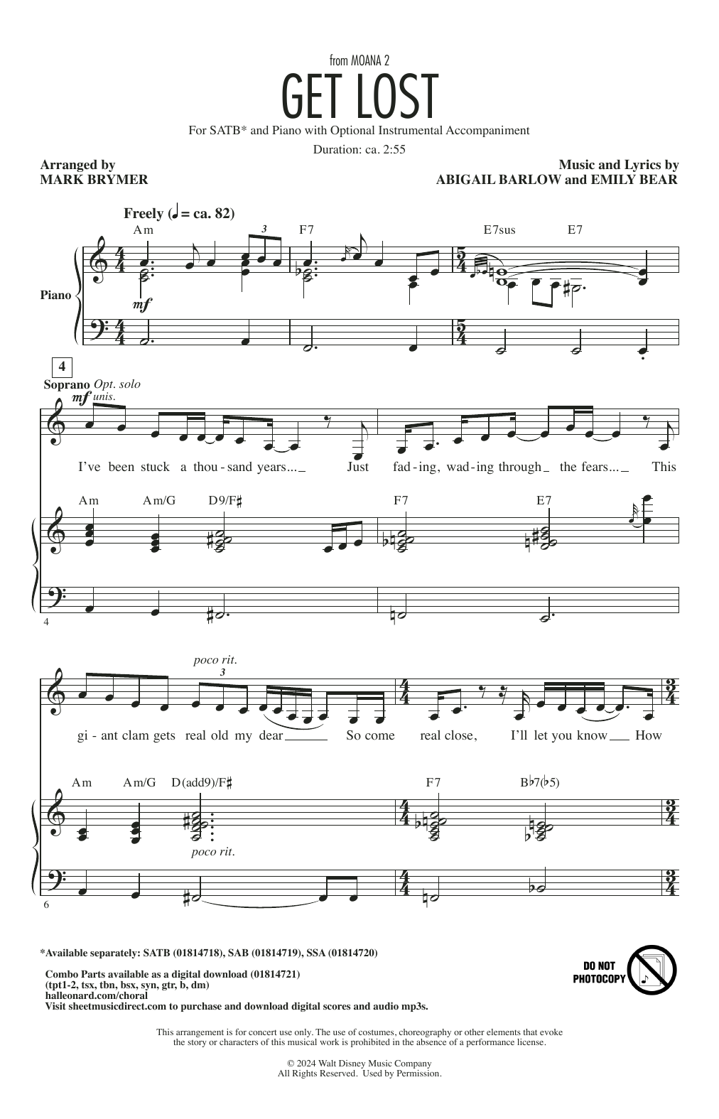 Abigail Barlow & Emily Bear Get Lost (from Moana 2) (arr. Mark Brymer) Sheet Music Notes & Chords for SAB Choir - Download or Print PDF