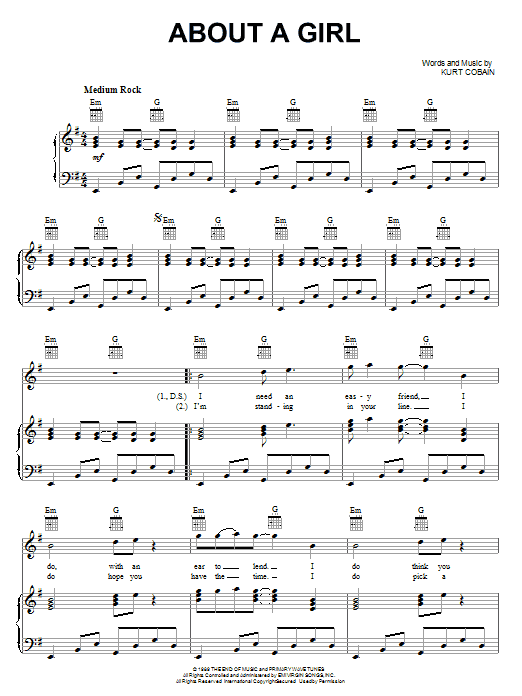 Preview Nirvana About A Girl Rock sheet music, notes and chords for Melody Line, Lyrics & Chords, SKU: 176940 sheet music, piano notes, chords, guitar tabs, score, transpose, transcribe, how to play, guide, download, learn, tutorial, progression, song, artist, awards, billboard, mtv, vh1, tour, single, album, release