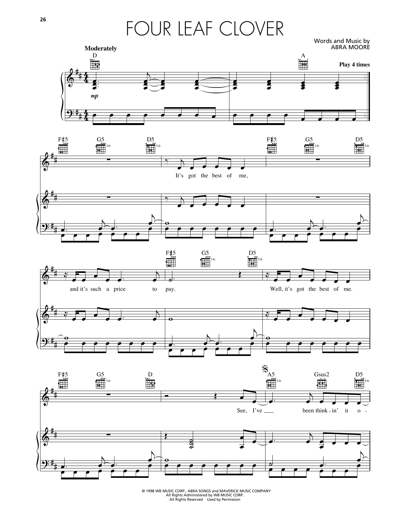 Abra Moore Four Leaf Clover Sheet Music Notes & Chords for Piano, Vocal & Guitar Chords (Right-Hand Melody) - Download or Print PDF
