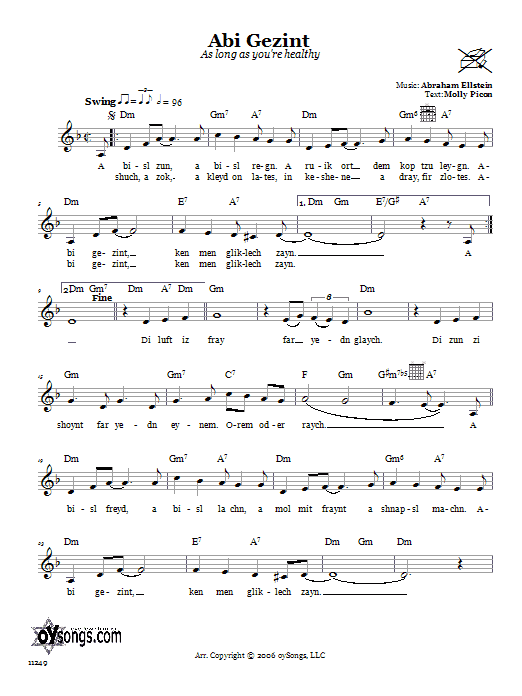 Abraham Ellstein Abi Gezint (As Long As You're Healthy) Sheet Music Notes & Chords for Melody Line, Lyrics & Chords - Download or Print PDF