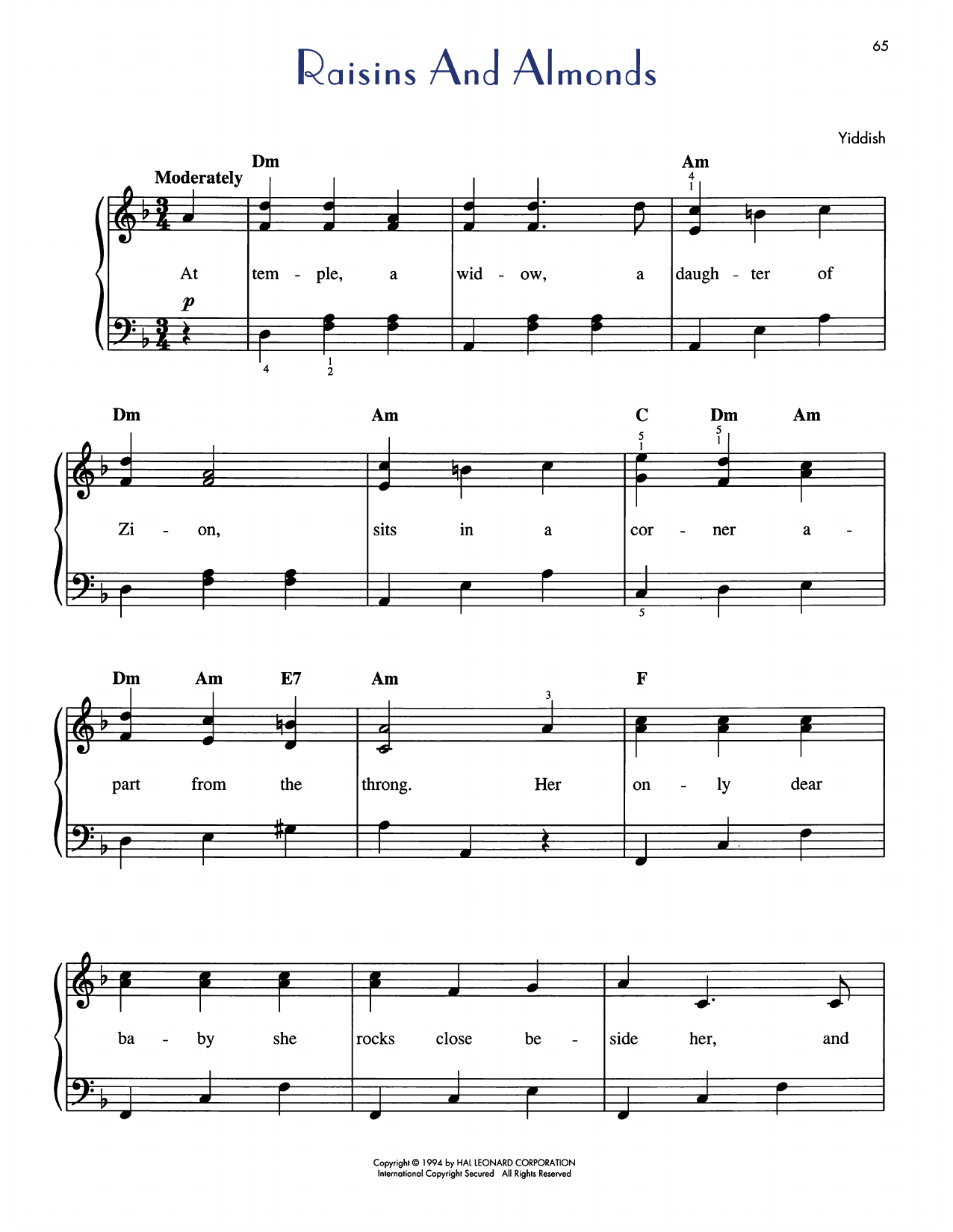 Abraham Goldfaden Rozhinkes Mit Mandlen (Raisins And Almonds) Sheet Music Notes & Chords for Easy Piano - Download or Print PDF