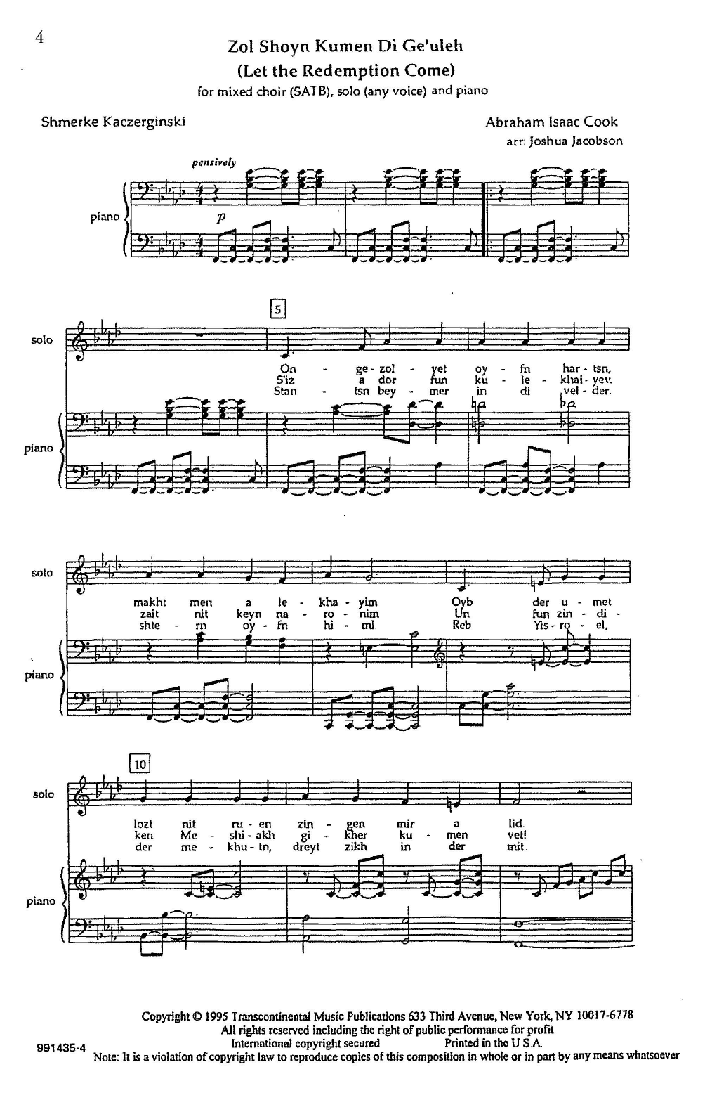 Abraham Isaac Cook Zol Shoyn Kumen Di Ge'uleh (Let the Redemption Come) (arr. Joshua Jacobson) Sheet Music Notes & Chords for SATB Choir - Download or Print PDF