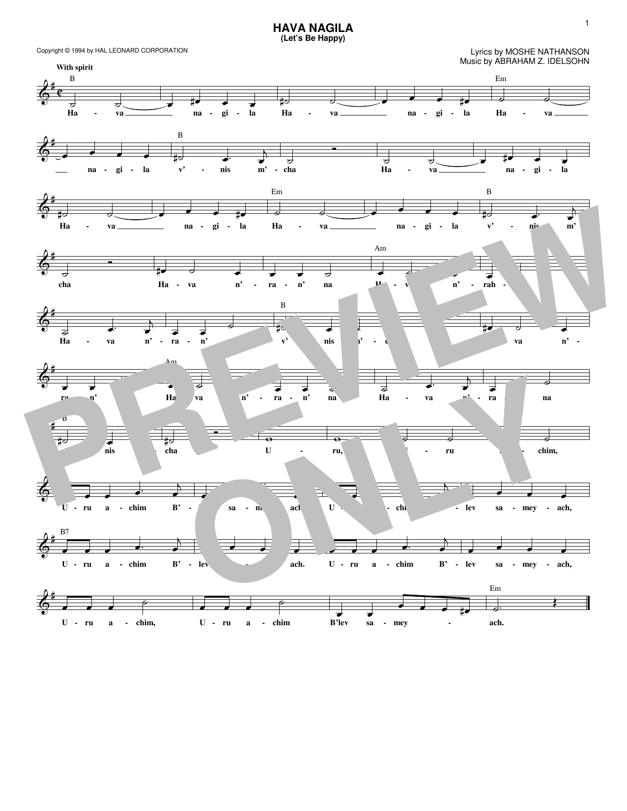 Abraham Z. Idelsohn Hava Nagila (Let's Be Happy) Sheet Music Notes & Chords for Melody Line, Lyrics & Chords - Download or Print PDF