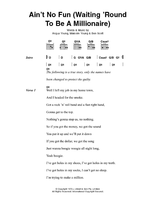AC/DC Ain't No Fun (Waiting Around To Be A Millionaire) Sheet Music Notes & Chords for Lyrics & Chords - Download or Print PDF