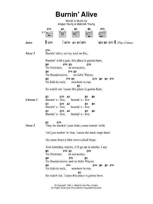 AC/DC Burnin' Alive Sheet Music Notes & Chords for Lyrics & Chords - Download or Print PDF