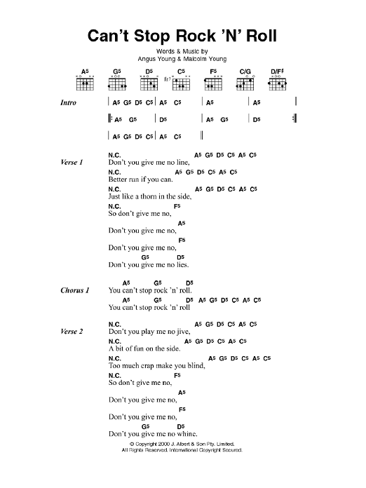 AC/DC Can't Stop Rock 'N' Roll Sheet Music Notes & Chords for Lyrics & Chords - Download or Print PDF