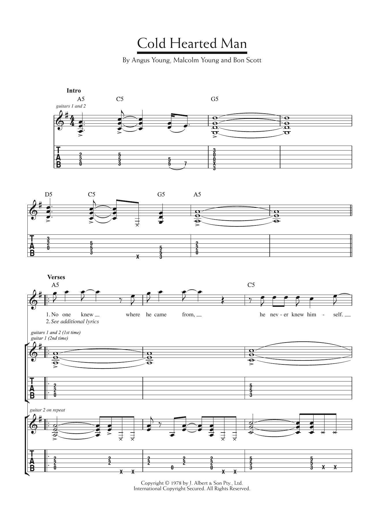 AC/DC Cold Hearted Man Sheet Music Notes & Chords for Guitar Tab - Download or Print PDF