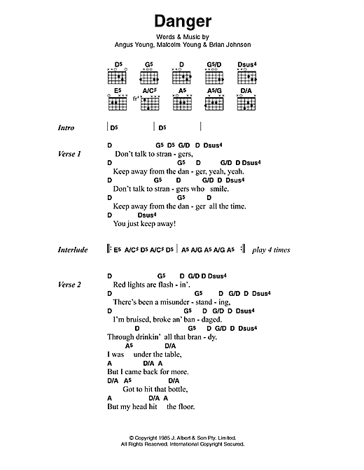 AC/DC Danger Sheet Music Notes & Chords for Lyrics & Chords - Download or Print PDF