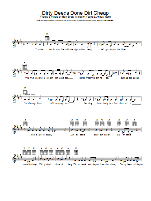 AC/DC Dirty Deeds Done Dirt Cheap Sheet Music Notes & Chords for Easy Guitar Tab - Download or Print PDF