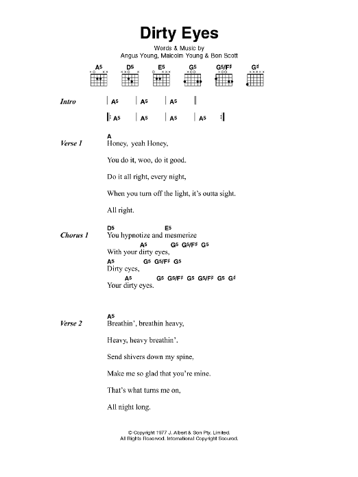 AC/DC Dirty Eyes Sheet Music Notes & Chords for Lyrics & Chords - Download or Print PDF