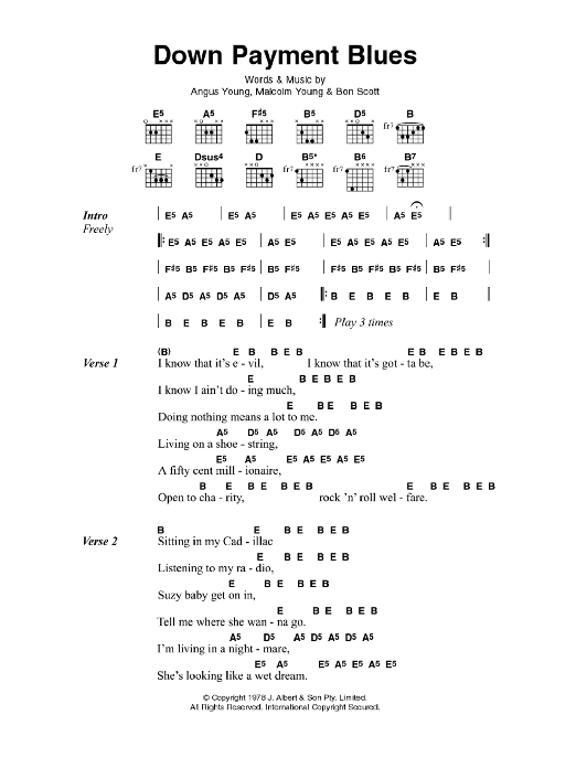 AC/DC Down Payment Blues Sheet Music Notes & Chords for Lyrics & Chords - Download or Print PDF