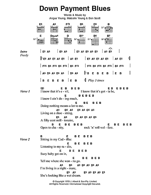 AC/DC Down Payment Blues Sheet Music Notes & Chords for Lyrics & Chords - Download or Print PDF