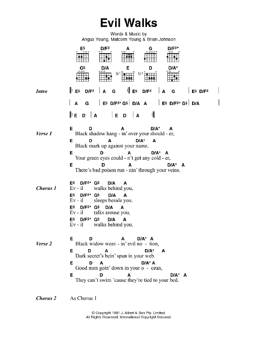 AC/DC Evil Walks Sheet Music Notes & Chords for Lyrics & Chords - Download or Print PDF