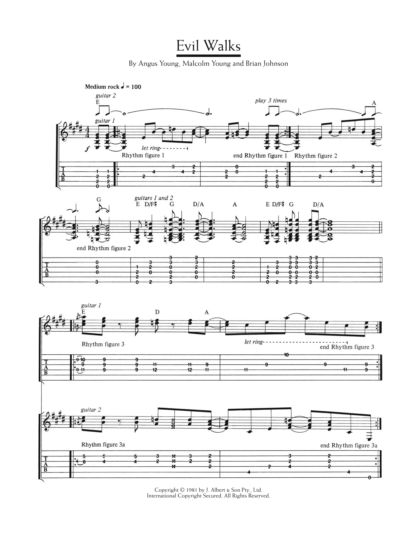 AC/DC Evil Walks Sheet Music Notes & Chords for Lyrics & Chords - Download or Print PDF