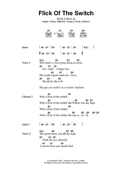 AC/DC Flick Of The Switch Sheet Music Notes & Chords for Lyrics & Chords - Download or Print PDF