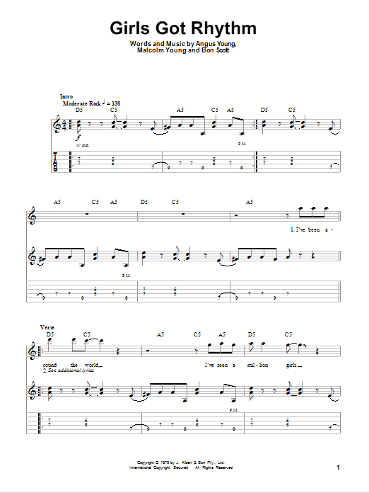 AC/DC Girl's Got Rhythm Sheet Music Notes & Chords for Lyrics & Chords - Download or Print PDF