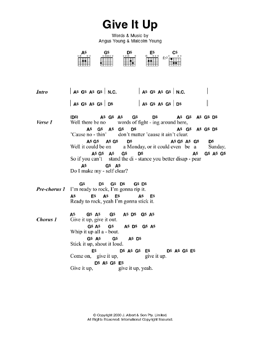 AC/DC Give It Up Sheet Music Notes & Chords for Lyrics & Chords - Download or Print PDF