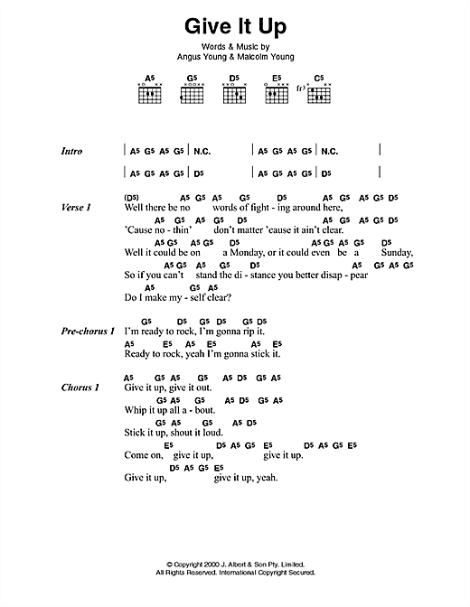 AC/DC Give It Up Sheet Music Notes & Chords for Lyrics & Chords - Download or Print PDF