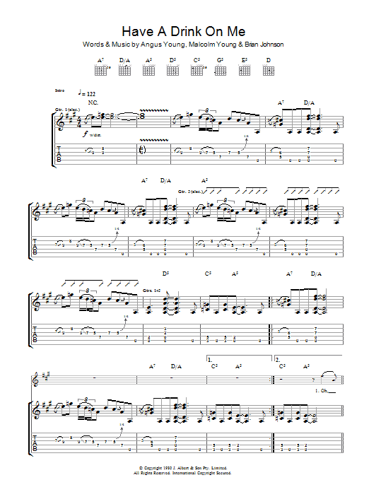 AC/DC Have A Drink On Me Sheet Music Notes & Chords for Easy Guitar Tab - Download or Print PDF