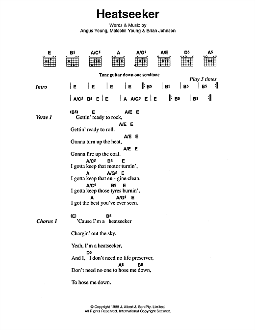 AC/DC Heatseeker Sheet Music Notes & Chords for Lyrics & Chords - Download or Print PDF