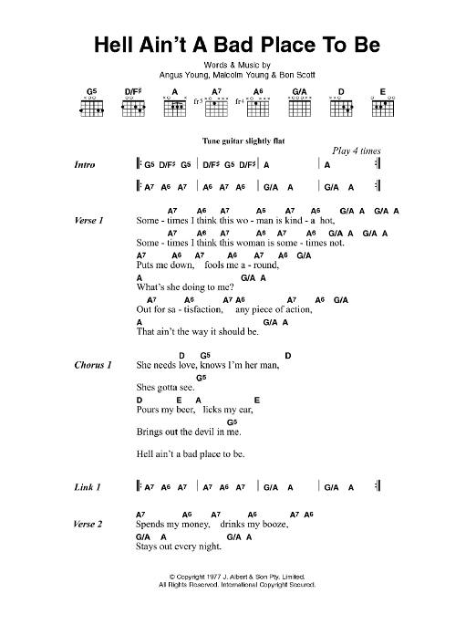 AC/DC Hell Ain't A Bad Place To Be Sheet Music Notes & Chords for Lyrics & Chords - Download or Print PDF