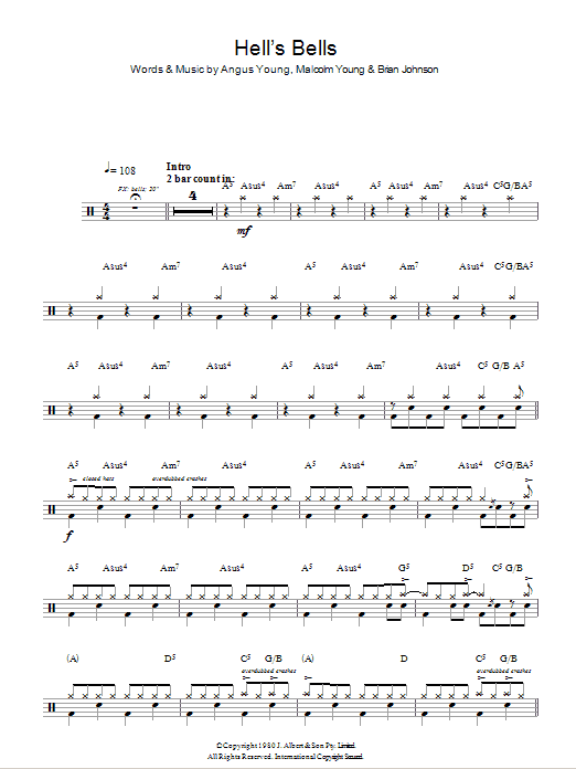 AC/DC Hells Bells Sheet Music Notes & Chords for Drums - Download or Print PDF