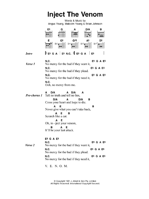 AC/DC Inject The Venom Sheet Music Notes & Chords for Lyrics & Chords - Download or Print PDF