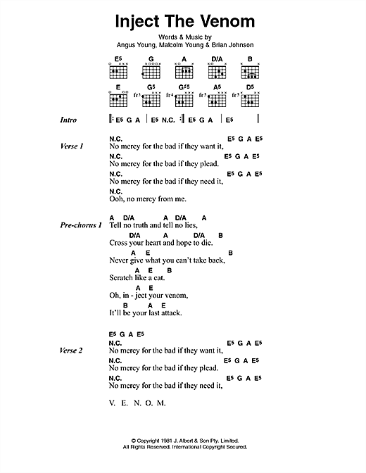 AC/DC Inject The Venom Sheet Music Notes & Chords for Lyrics & Chords - Download or Print PDF