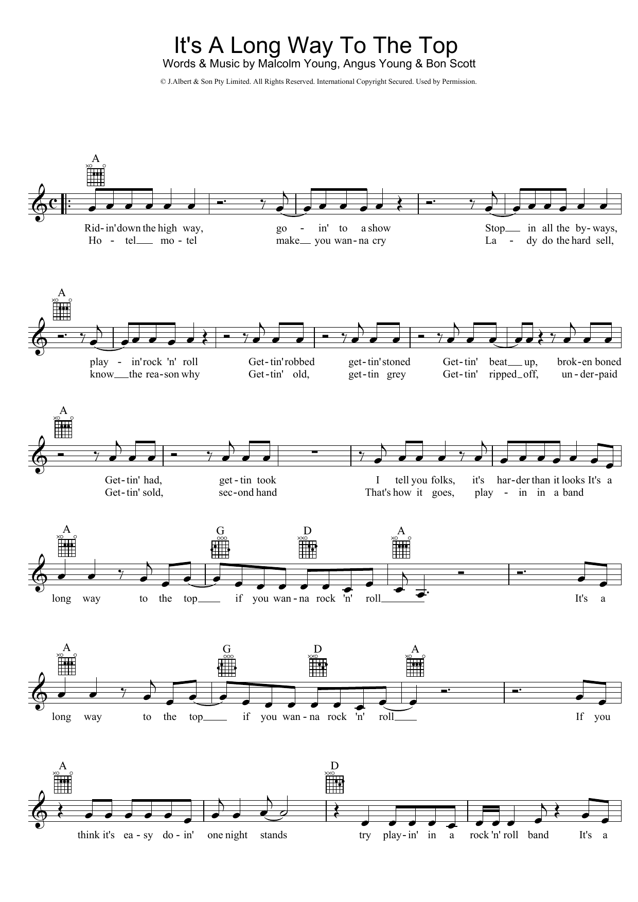 AC/DC It's A Long Way To The Top (If You Wanna Rock 'N' Roll) Sheet Music Notes & Chords for Piano, Vocal & Guitar (Right-Hand Melody) - Download or Print PDF