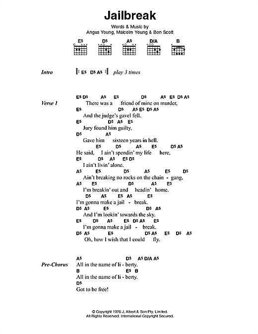 AC/DC Jailbreak Sheet Music Notes & Chords for Lyrics & Chords - Download or Print PDF