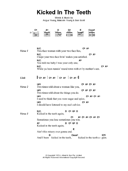 AC/DC Kicked In The Teeth Sheet Music Notes & Chords for Lyrics & Chords - Download or Print PDF AC/DC Kicked In The Teeth Sheet Music Notes & Chords for Lyrics & Chords - Download or Print PDF