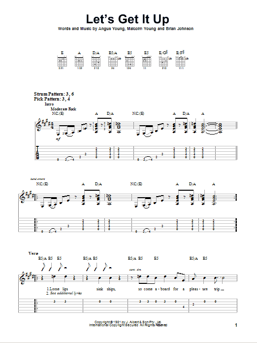 AC/DC Let's Get It Up Sheet Music Notes & Chords for Easy Guitar Tab - Download or Print PDF