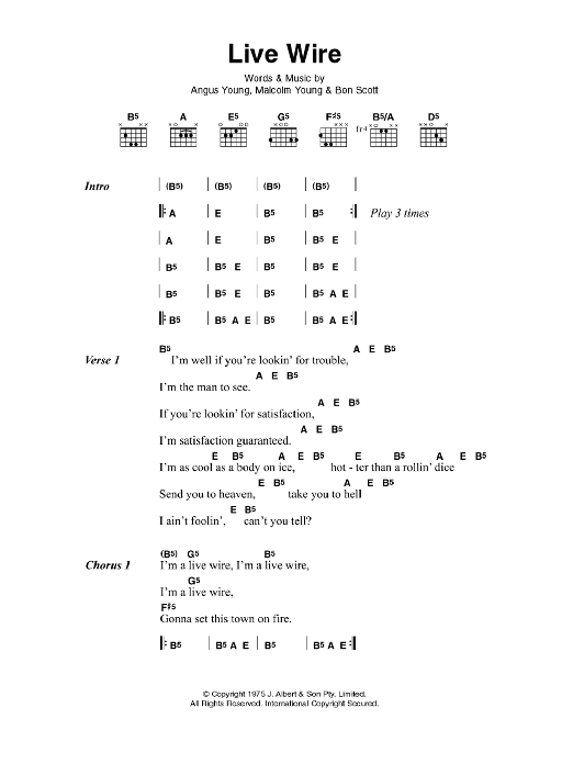 AC/DC Live Wire Sheet Music Notes & Chords for Lyrics & Chords - Download or Print PDF