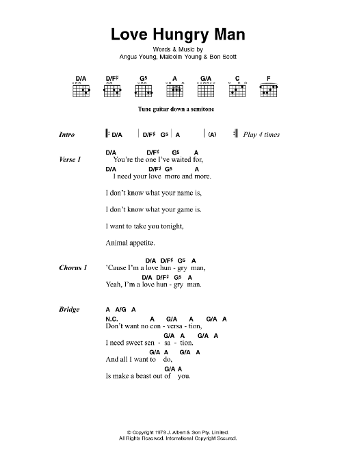 AC/DC Love Hungry Man Sheet Music Notes & Chords for Lyrics & Chords - Download or Print PDF