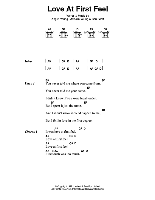 Preview AC/DC Love At First Feel Rock sheet music, notes and chords for Guitar Tab, SKU: 124072 sheet music, piano notes, chords, guitar tabs, score, transpose, transcribe, how to play, guide, download, learn, tutorial, progression, song, artist, awards, billboard, mtv, vh1, tour, single, album, release