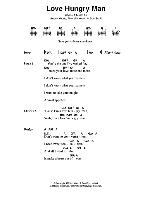 Preview AC/DC Love Hungry Man Rock sheet music, notes and chords for Guitar Tab, SKU: 124073 sheet music, piano notes, chords, guitar tabs, score, transpose, transcribe, how to play, guide, download, learn, tutorial, progression, song, artist, awards, billboard, mtv, vh1, tour, single, album, release