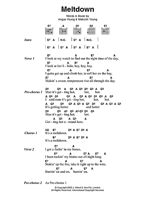 AC/DC Meltdown Sheet Music Notes & Chords for Lyrics & Chords - Download or Print PDF