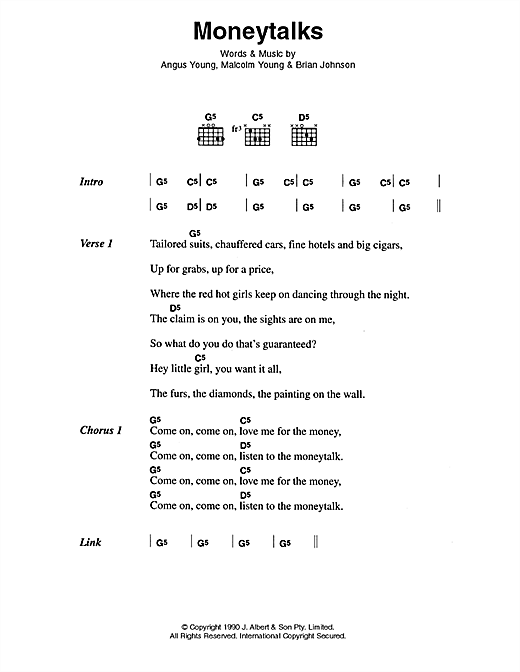 AC/DC Moneytalks Sheet Music Notes & Chords for Lyrics & Chords - Download or Print PDF