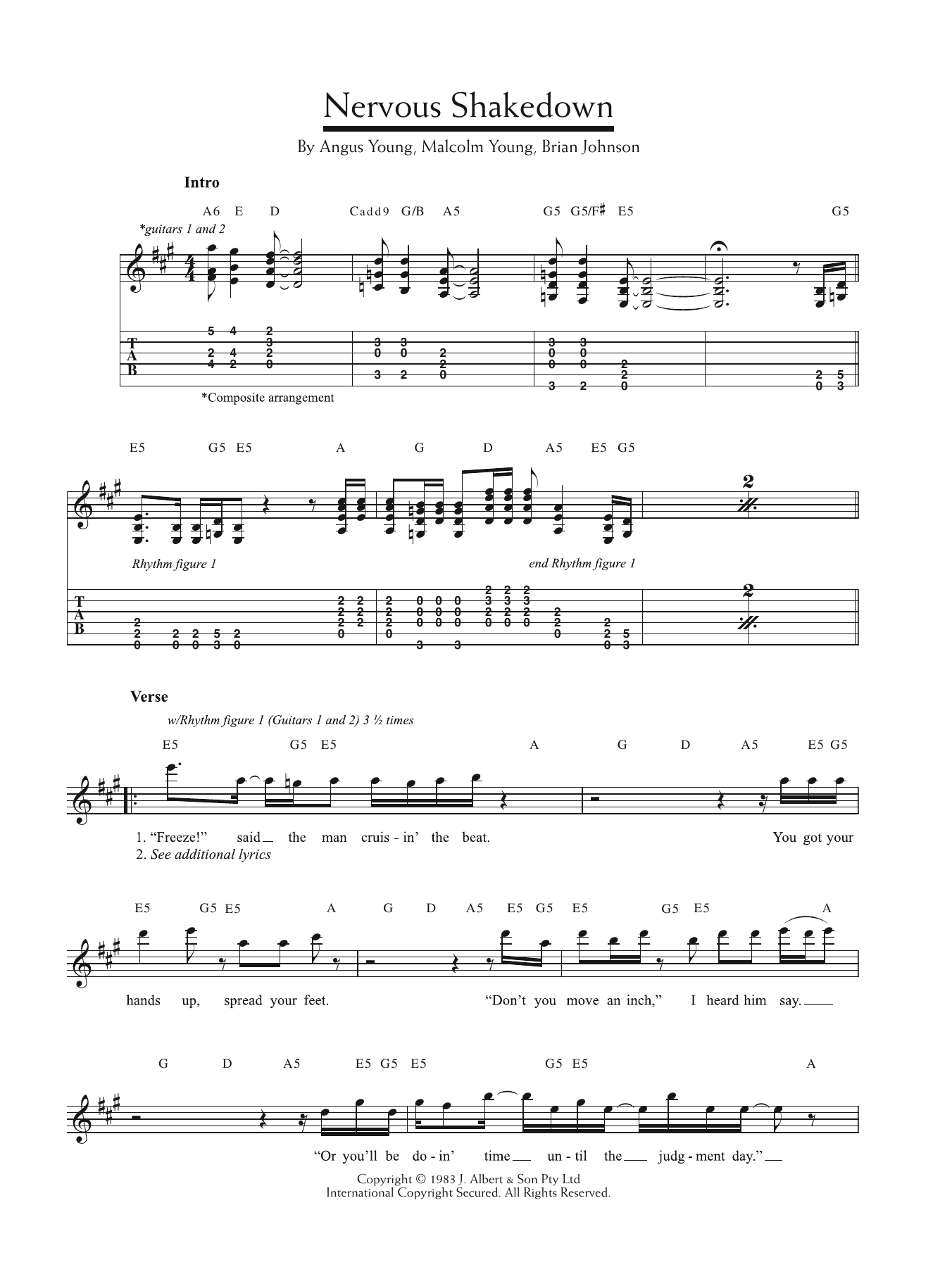 AC/DC Nervous Shakedown Sheet Music Notes & Chords for Lyrics & Chords - Download or Print PDF