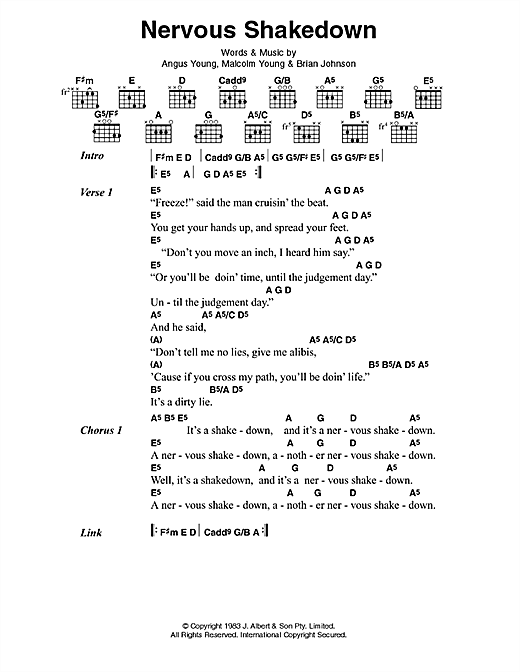 Preview AC/DC Nervous Shakedown Rock sheet music, notes and chords for Guitar Tab, SKU: 124075 sheet music, piano notes, chords, guitar tabs, score, transpose, transcribe, how to play, guide, download, learn, tutorial, progression, song, artist, awards, billboard, mtv, vh1, tour, single, album, release