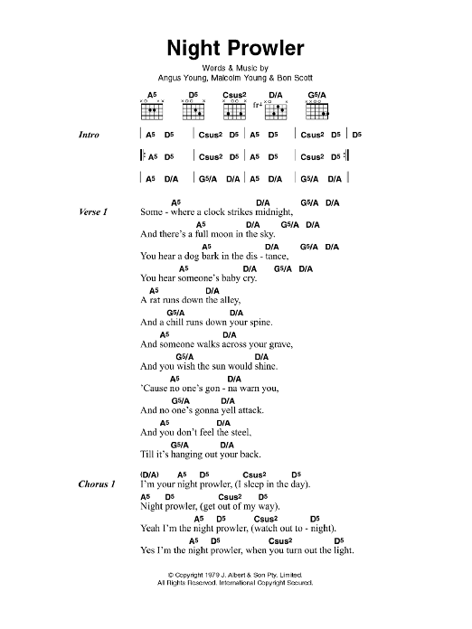 AC/DC Night Prowler Sheet Music Notes & Chords for Lyrics & Chords - Download or Print PDF