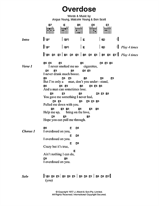 AC/DC Overdose Sheet Music Notes & Chords for Lyrics & Chords - Download or Print PDF