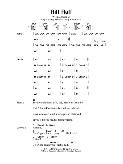 AC/DC Riff Raff Sheet Music Notes & Chords for Lyrics & Chords - Download or Print PDF