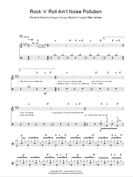 AC/DC Rock And Roll Ain't Noise Pollution Sheet Music Notes & Chords for Drums - Download or Print PDF